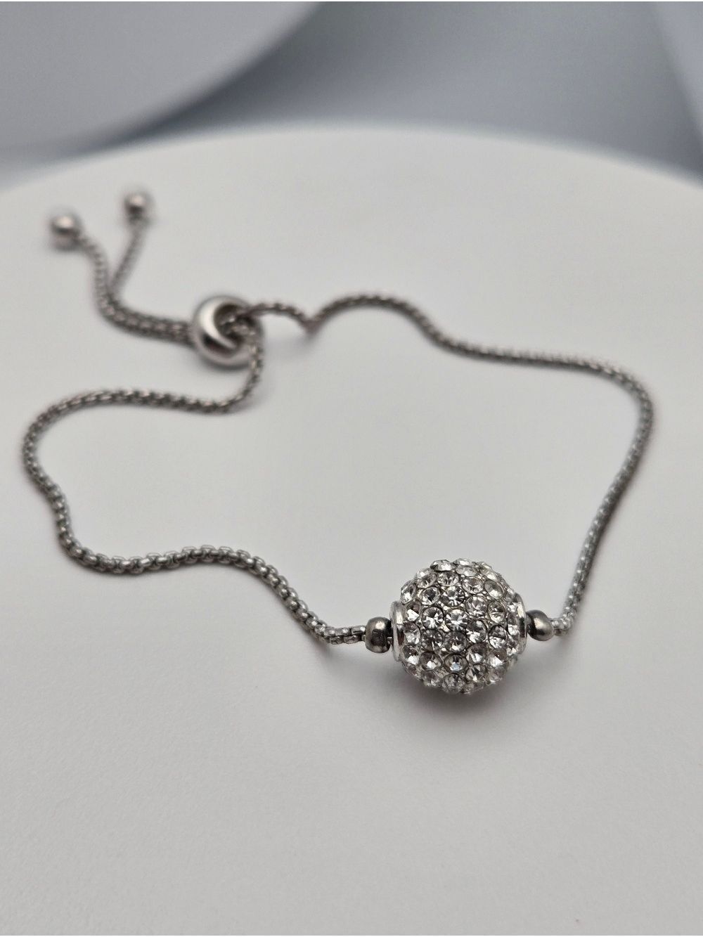 Silver Tone Adjustable Chain Bracelet Pave Rhinestone Ball Charm 9" Sparkly